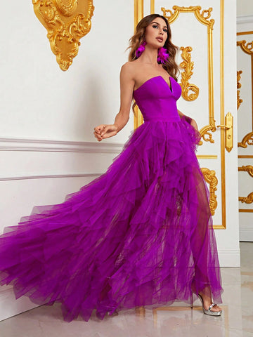 Mesh Overlay Split Thigh Tube Dress (Purple)
